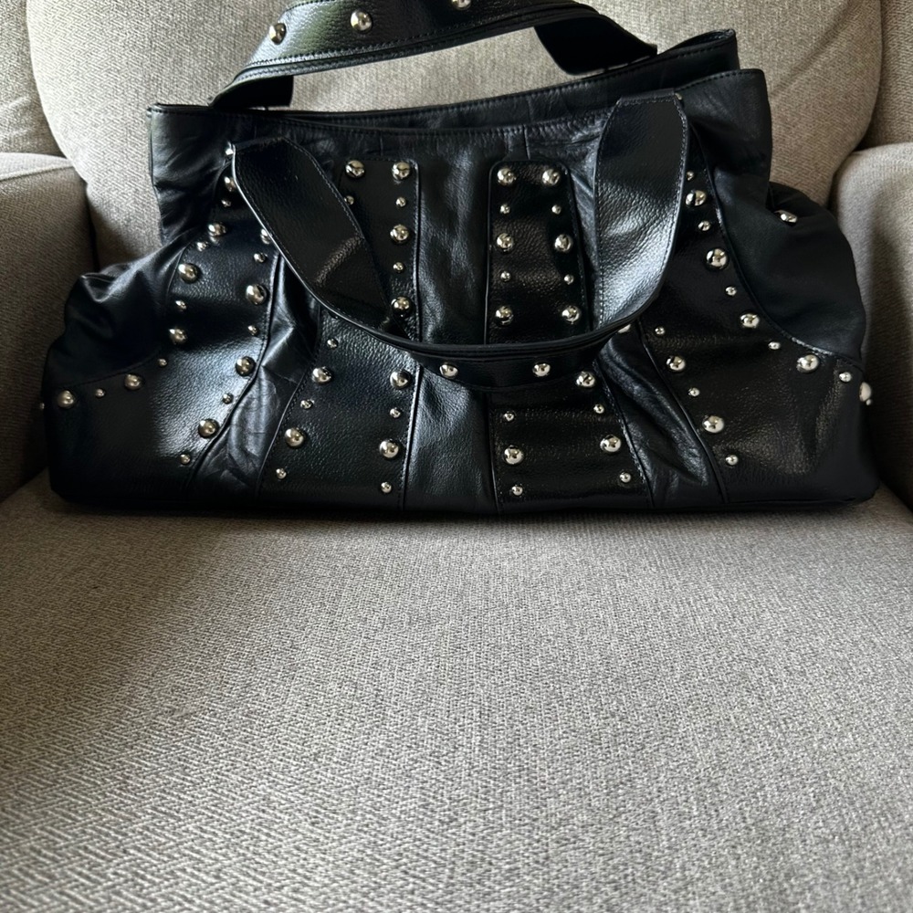Via Spiga Black Leather Studded Satchel Hobo Shoulder Bag Designer Purse